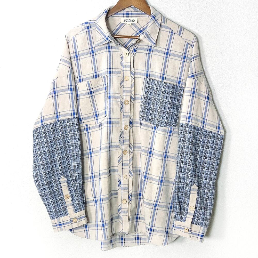 Listicle Plaid Button Down Shirt Blue White Size L Coastal Normcore - Picture 1 of 10